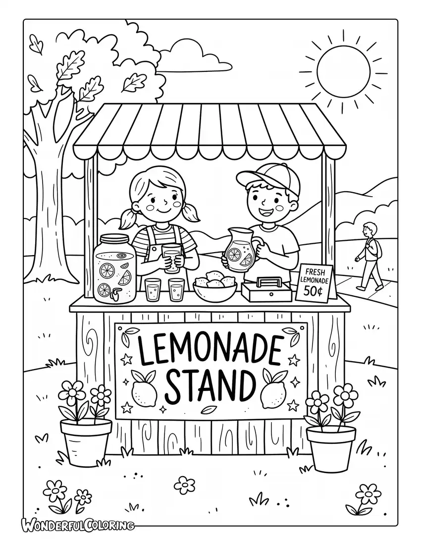 July lemonade stand coloring page with smiling children
