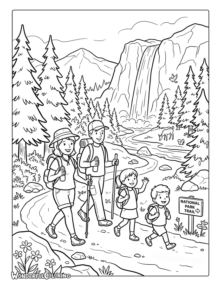 July hiking adventure coloring page in national park