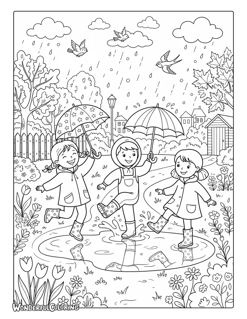 July rainy day puddle jumping coloring page with umbrellas