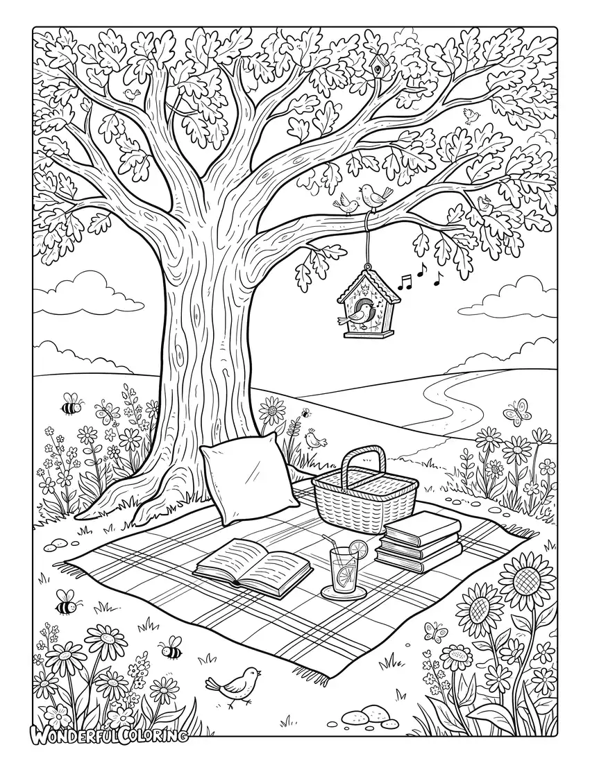 July reading under tree coloring page with books and lemonade