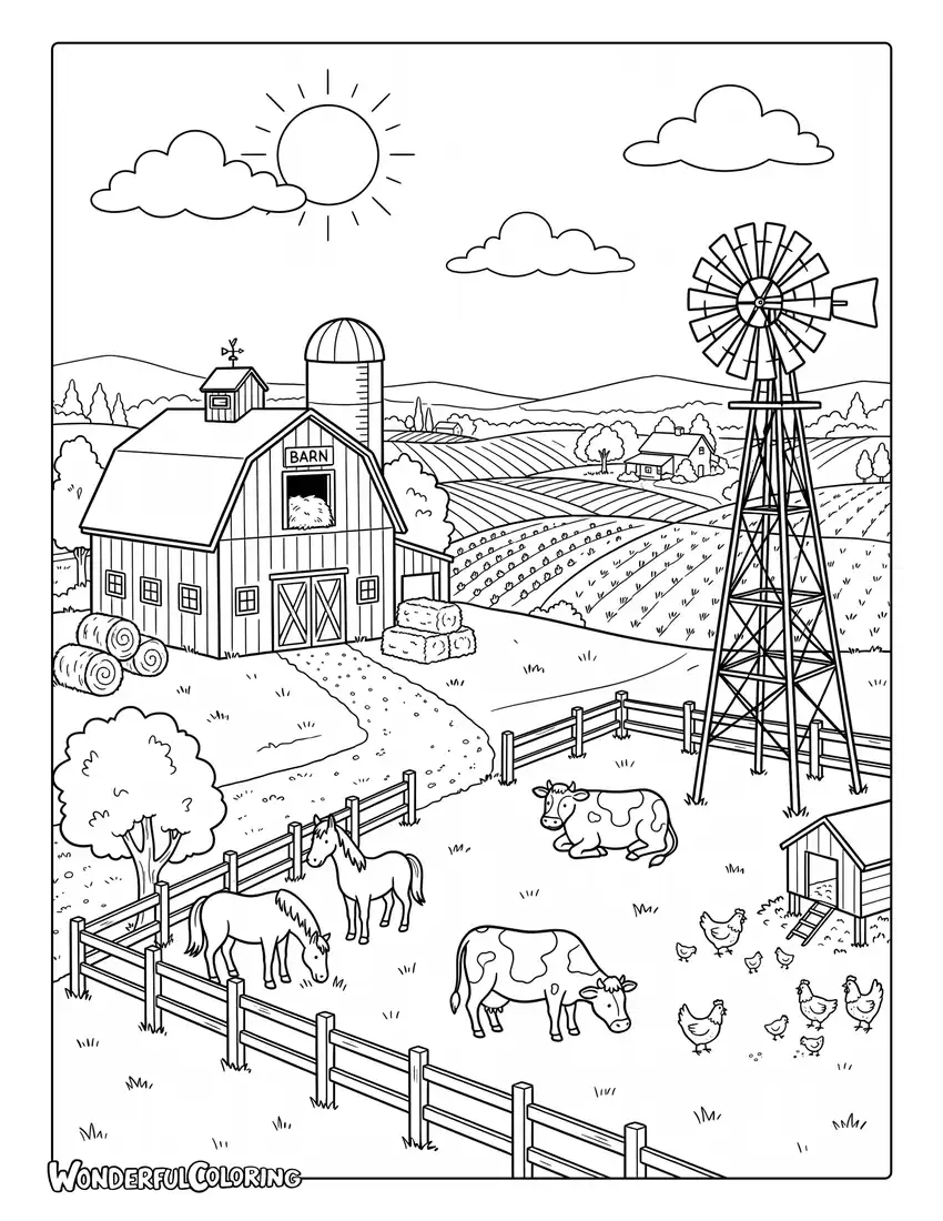 July barn farm coloring page with horses and cows