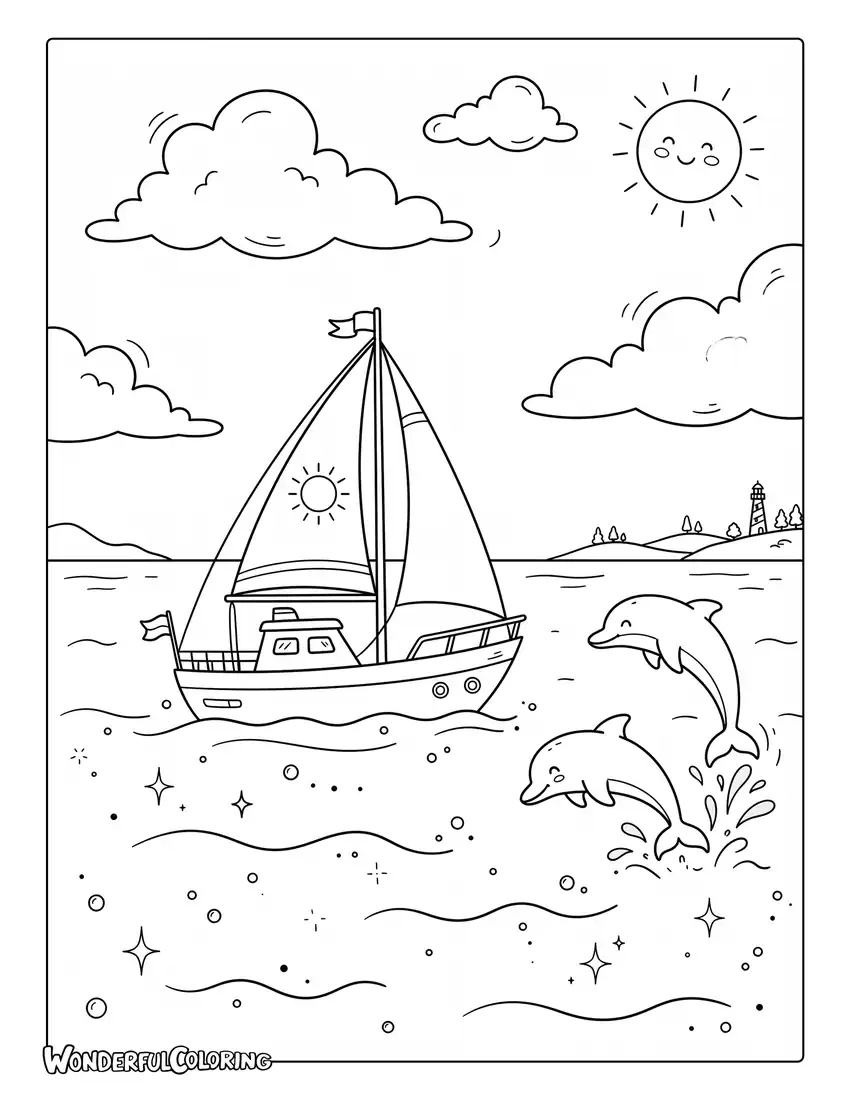 July sailboat ocean coloring page with dolphins and clouds