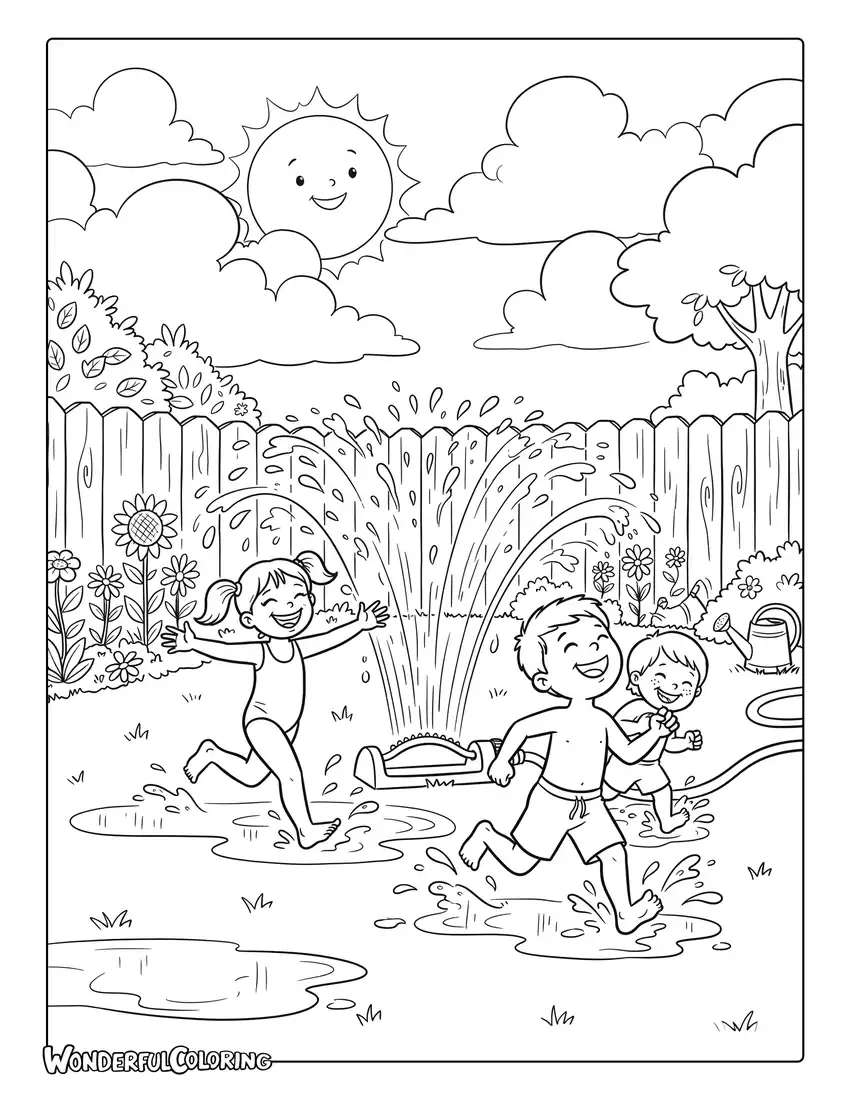 Children playing in backyard sprinklers July coloring page