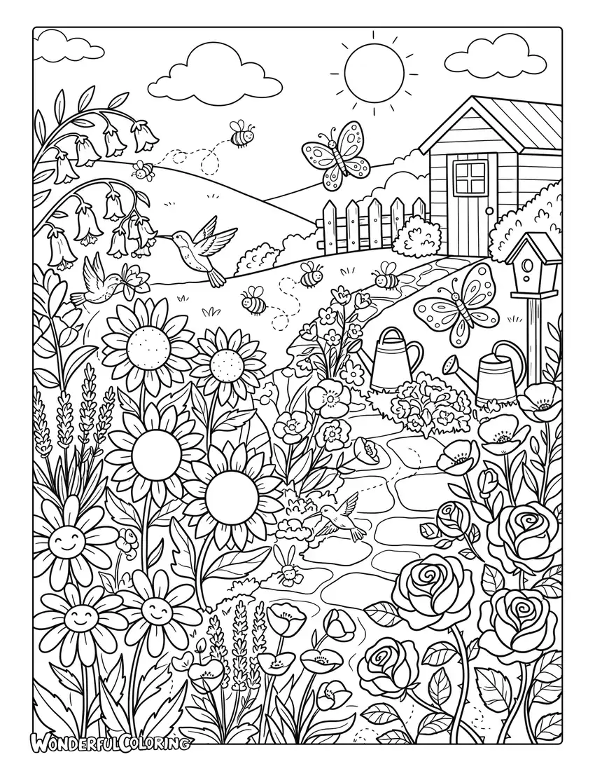 July flower garden coloring page with butterflies and hummingbirds