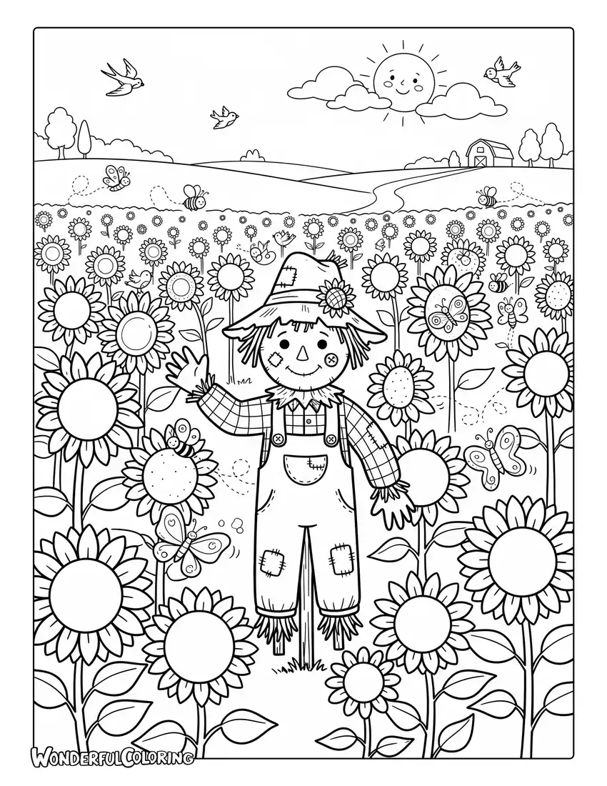 July sunflower field coloring page with scarecrow and butterflies