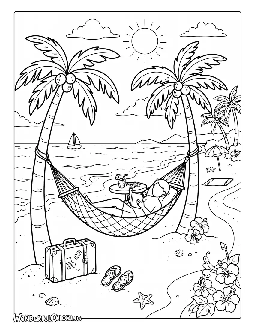July tropical vacation coloring page with hammock and palm trees