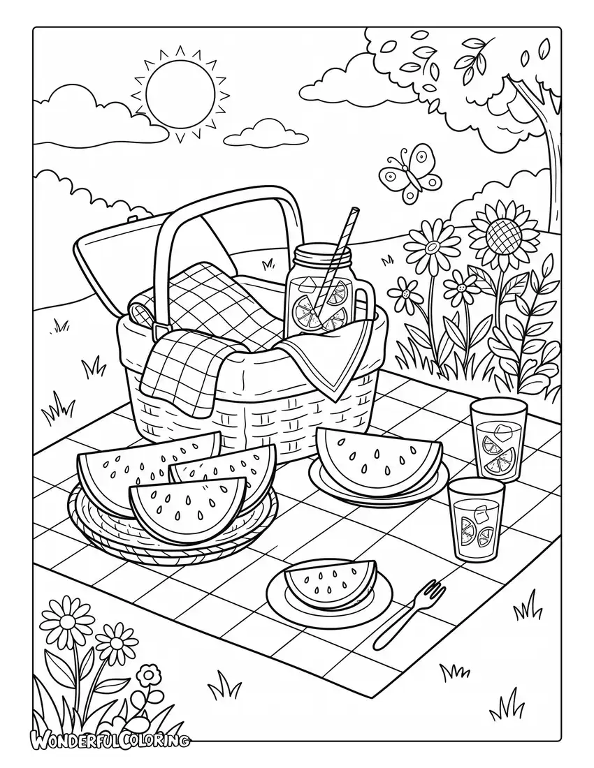 July watermelon picnic coloring page with lemonade and picnic basket