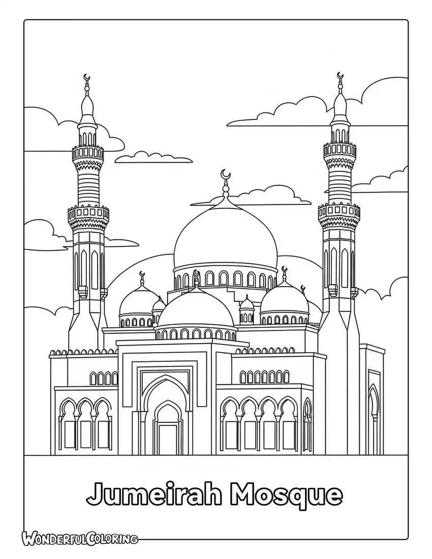 Jumeirah Mosque Dubai coloring page with domes, minarets, and Islamic architecture