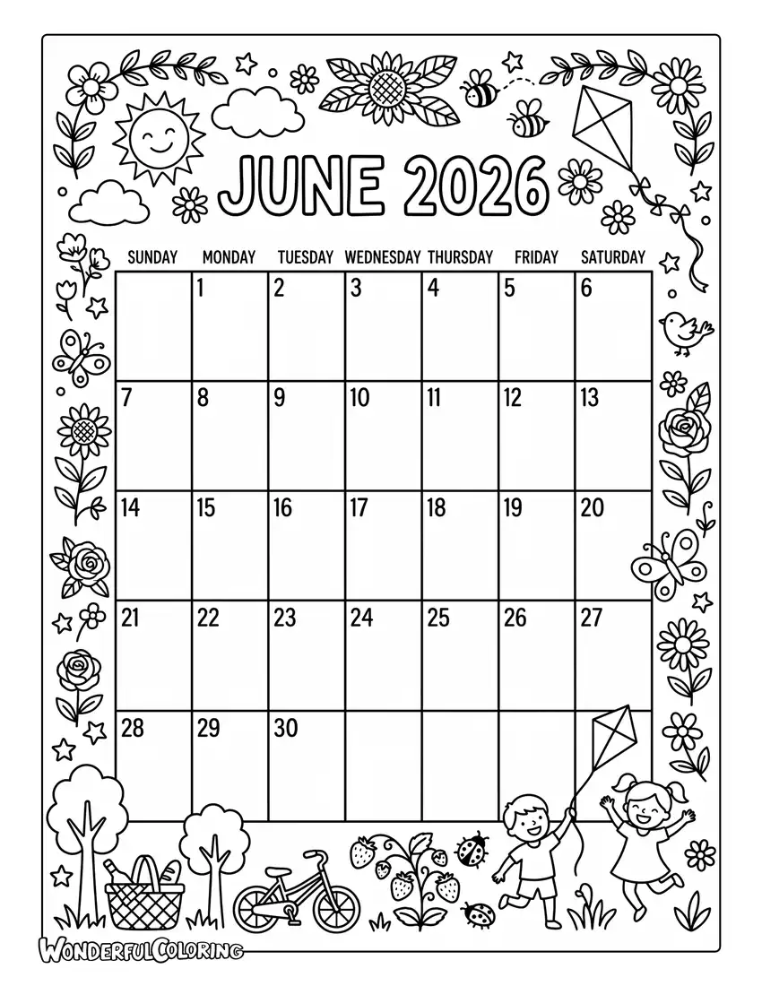June 2026 floral calendar coloring page with kites, bicycles, flowers, butterflies, strawberries, and happy children