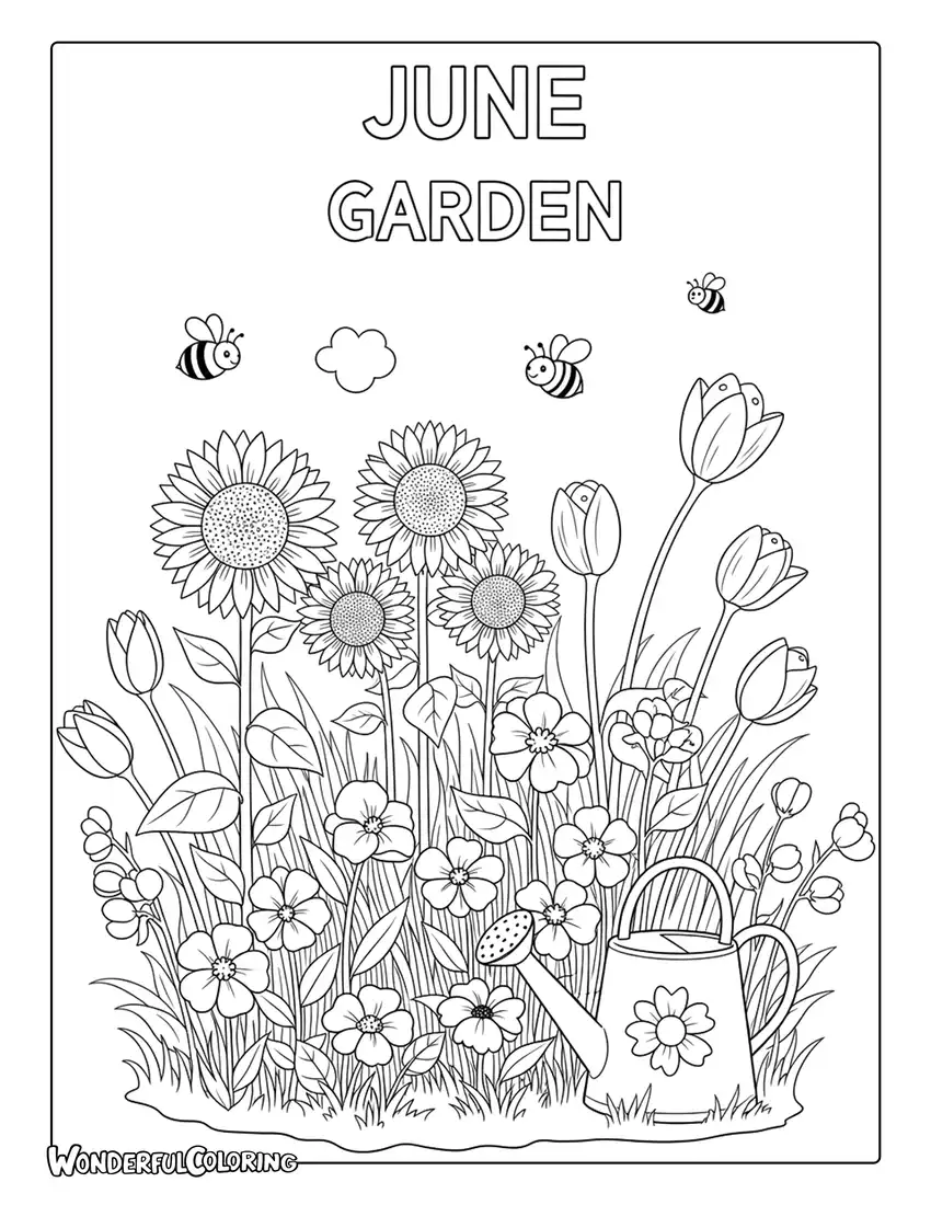 June blooming flower garden coloring page with roses, sunflowers, bees, and watering cans