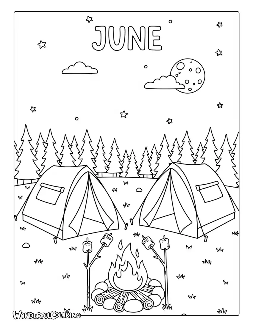 June camping adventure coloring page with tents, campfires, pine trees, and marshmallows