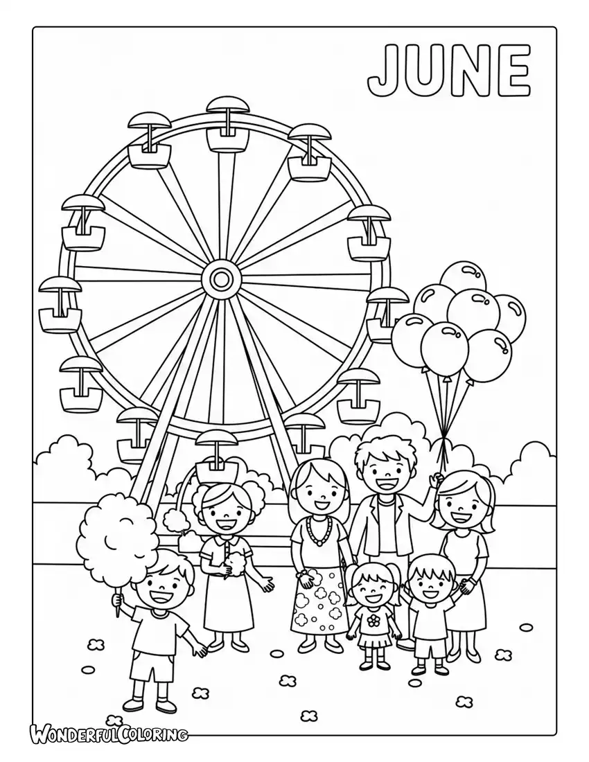 June carnival festival coloring page with Ferris wheel, balloons, and cotton candy