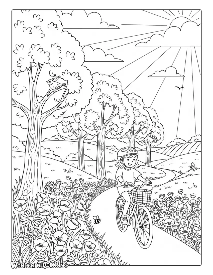 June countryside bicycle ride coloring page with flower-lined paths and trees