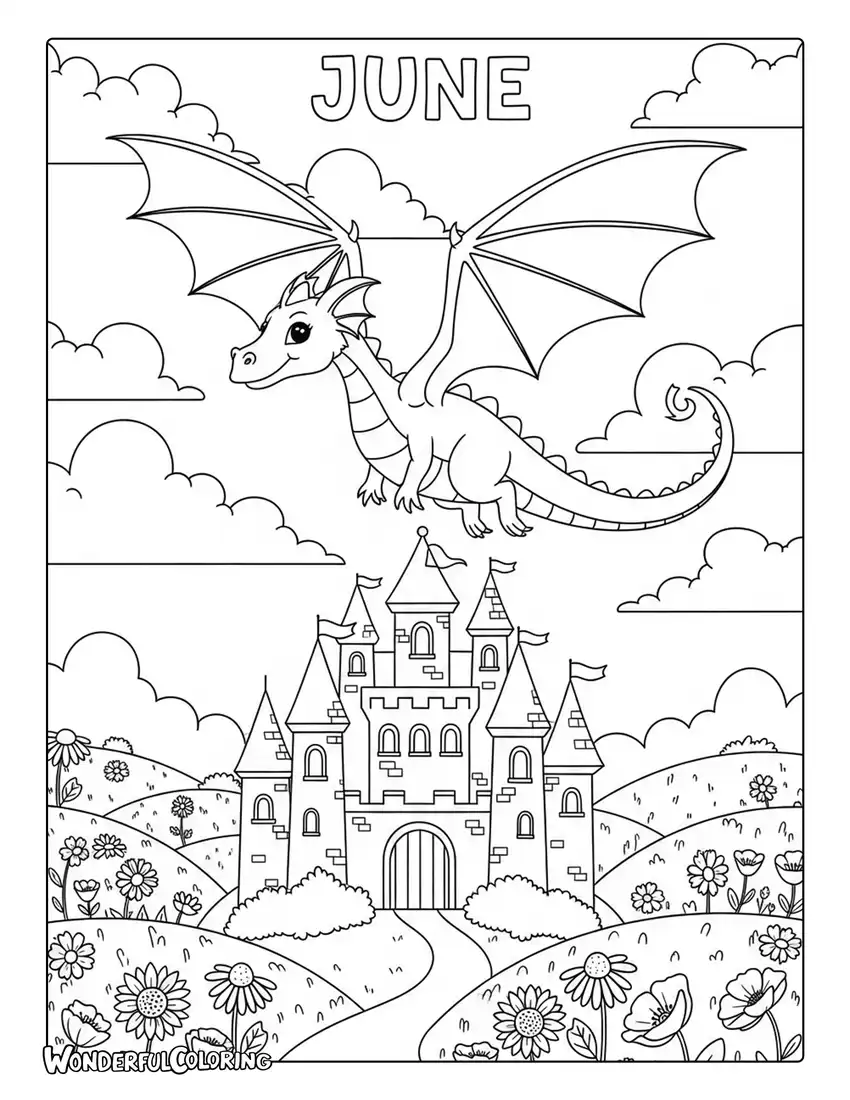 June dragon and castle coloring page with flowers, clouds, and fantasy scenery