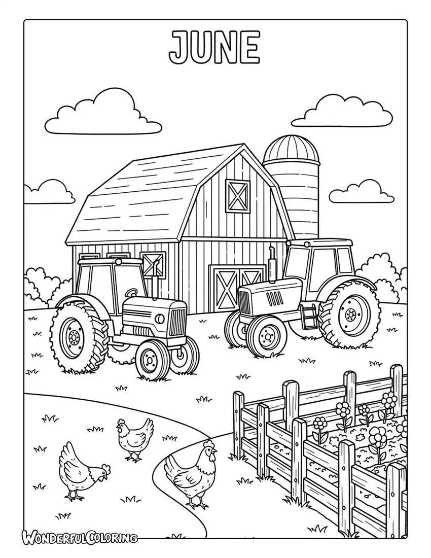 June farm strawberry picking coloring page with barns, tractors, chickens, and berry baskets