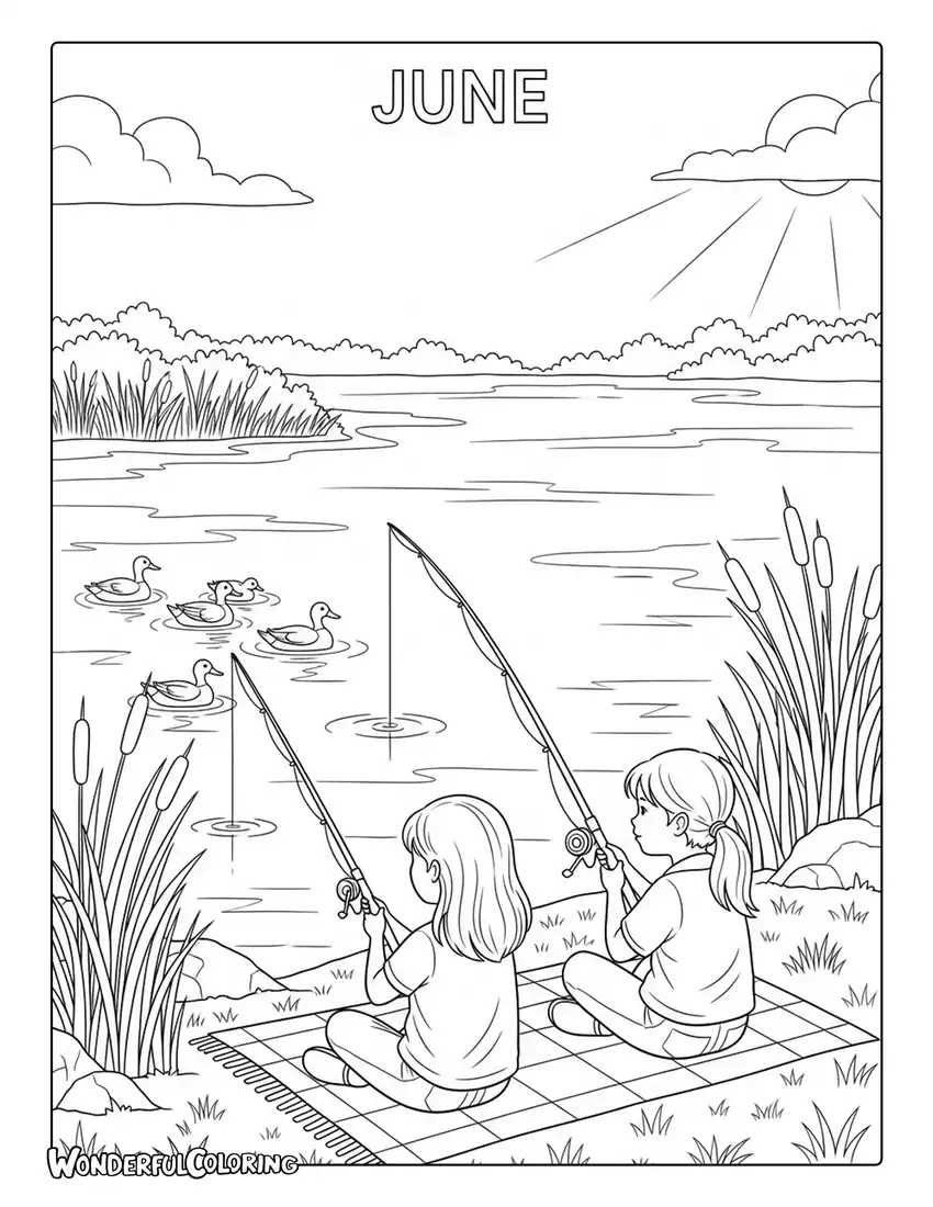 June fishing by the lake coloring page with children, ducks, fishing rods, and reeds