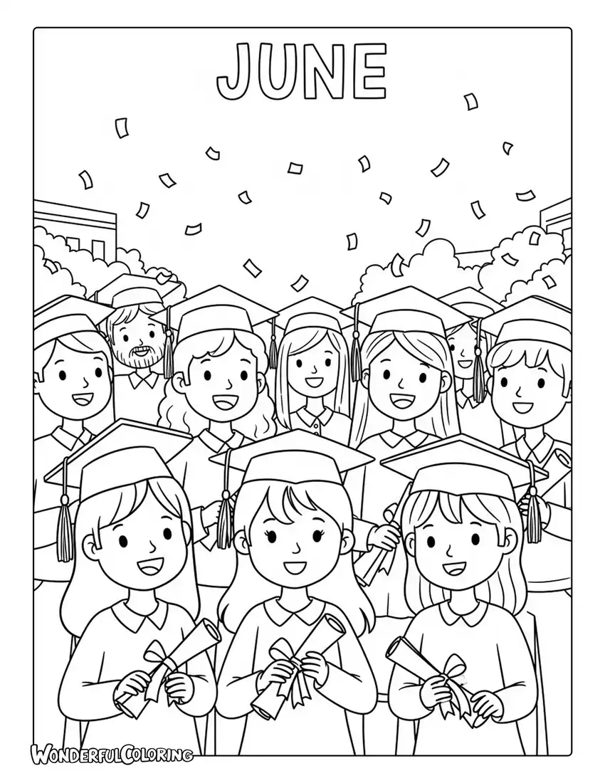 June graduation celebration coloring page with diplomas, caps, and confetti