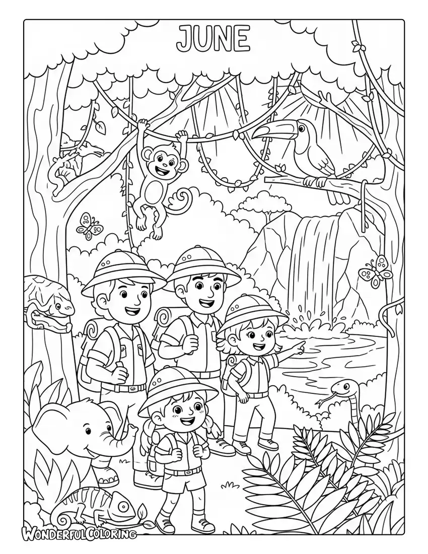 June jungle adventure coloring page with tropical animals, vines, and waterfalls