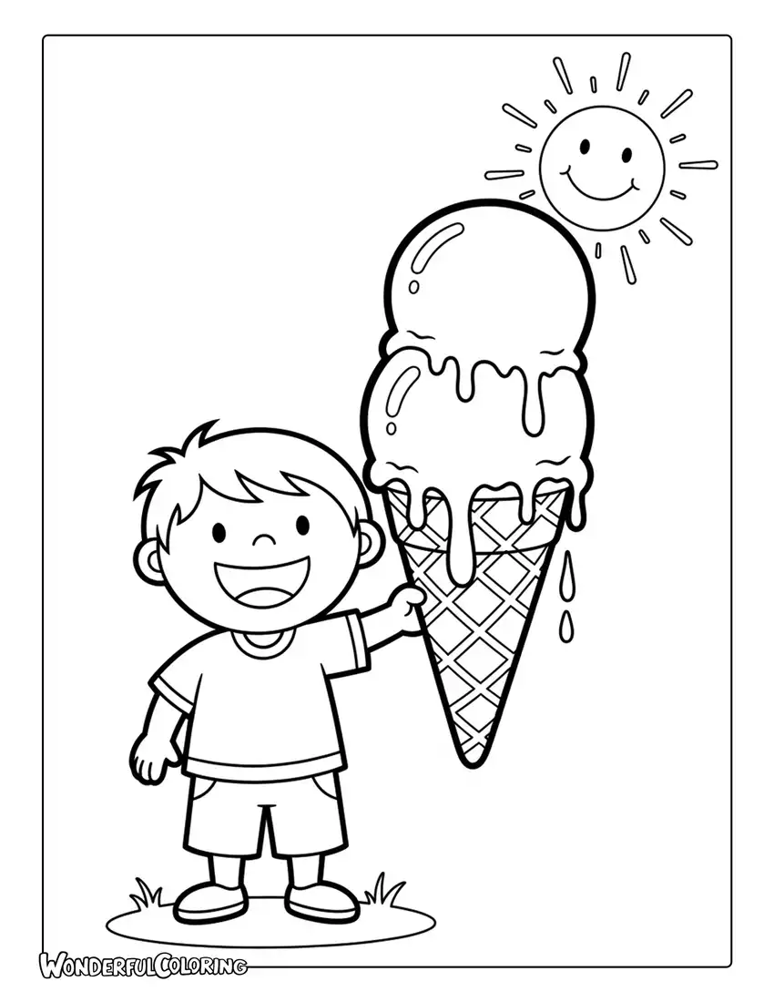 June ice cream shop coloring page with giant cones, milkshakes, and happy customers