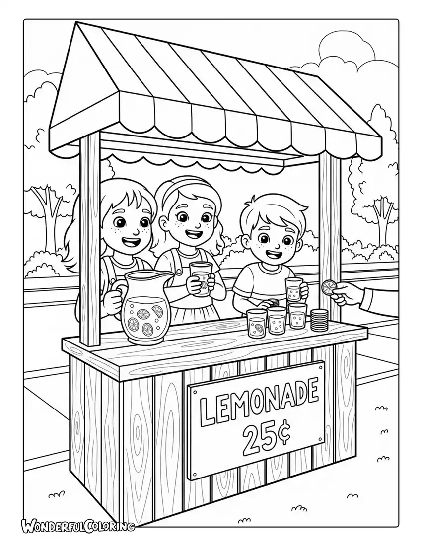 June lemonade stand coloring page with smiling kids, lemonade jars, and suburban street details