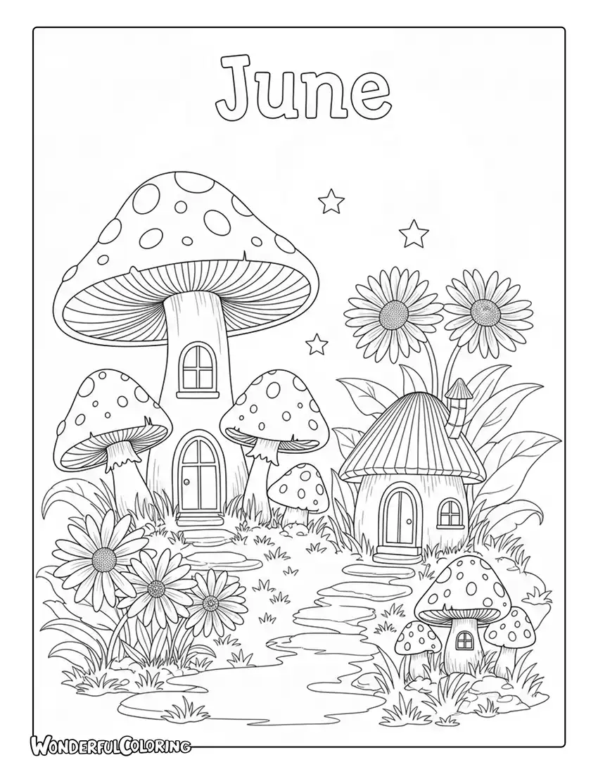 June magical fairy garden coloring page with mushrooms, tiny fairy houses, flowers, and fireflies