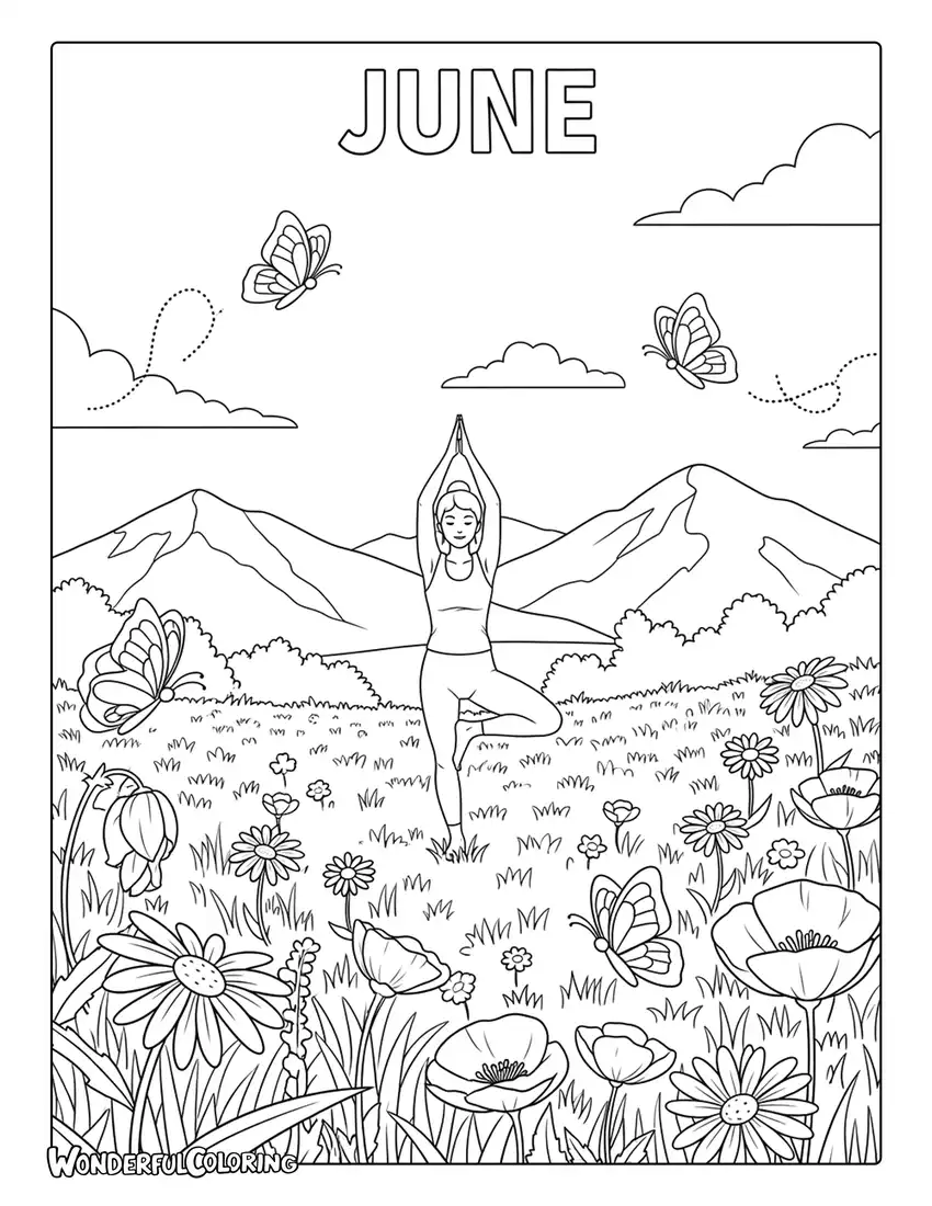 June meadow yoga coloring page with flowers, butterflies, mountains, and peaceful nature