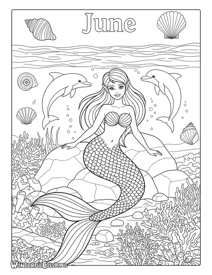 June mermaid seaside coloring page with dolphins, seashells, coral reefs, and ocean waves