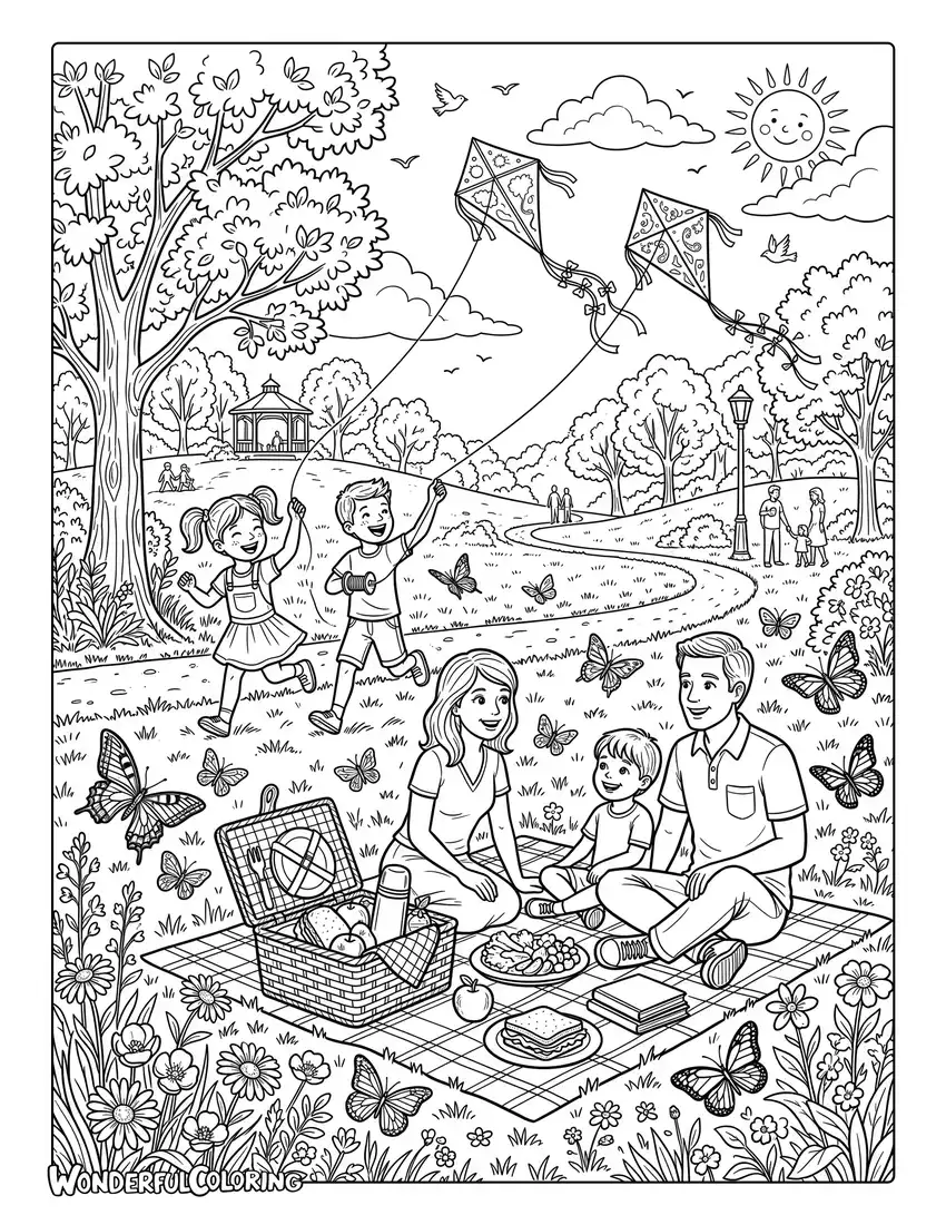 June picnic in the park coloring page with kids flying kites, picnic baskets, butterflies, and blooming flowers