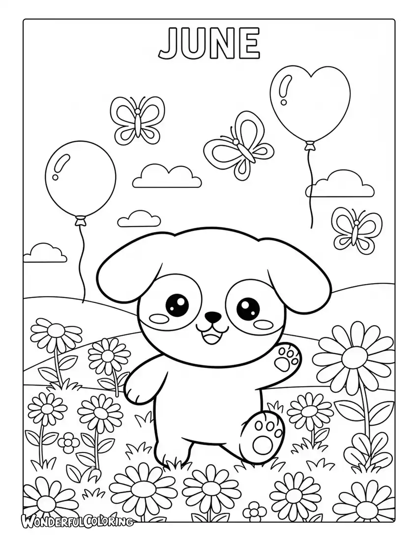 June puppy in flower field coloring page with daisies, butterflies, and balloons