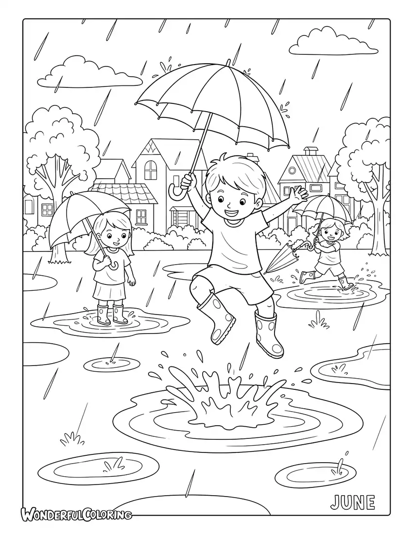 June rainy day puddle jumping coloring page with umbrellas, rain boots, and children splashing in puddles