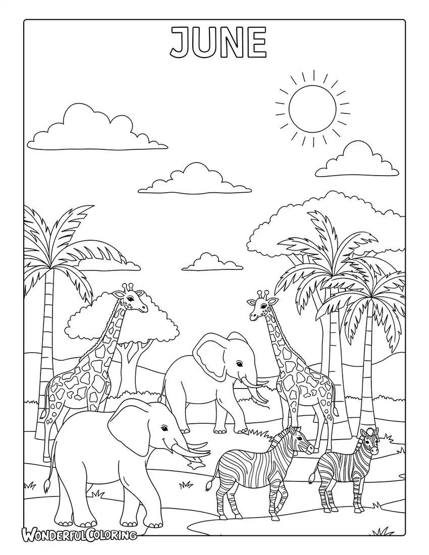 June safari animals coloring page with elephants, giraffes, zebras, and tropical trees