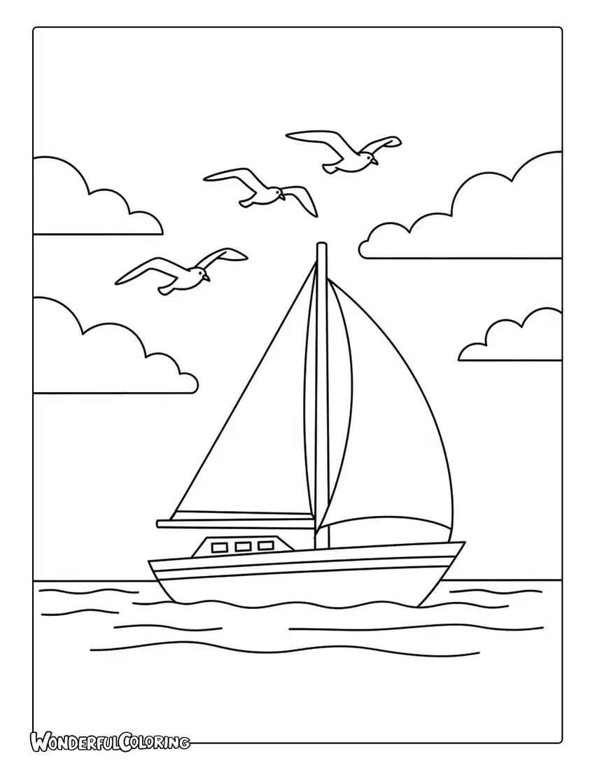 June sailboat ocean adventure coloring page with seagulls, fluffy clouds, and calm sea waves