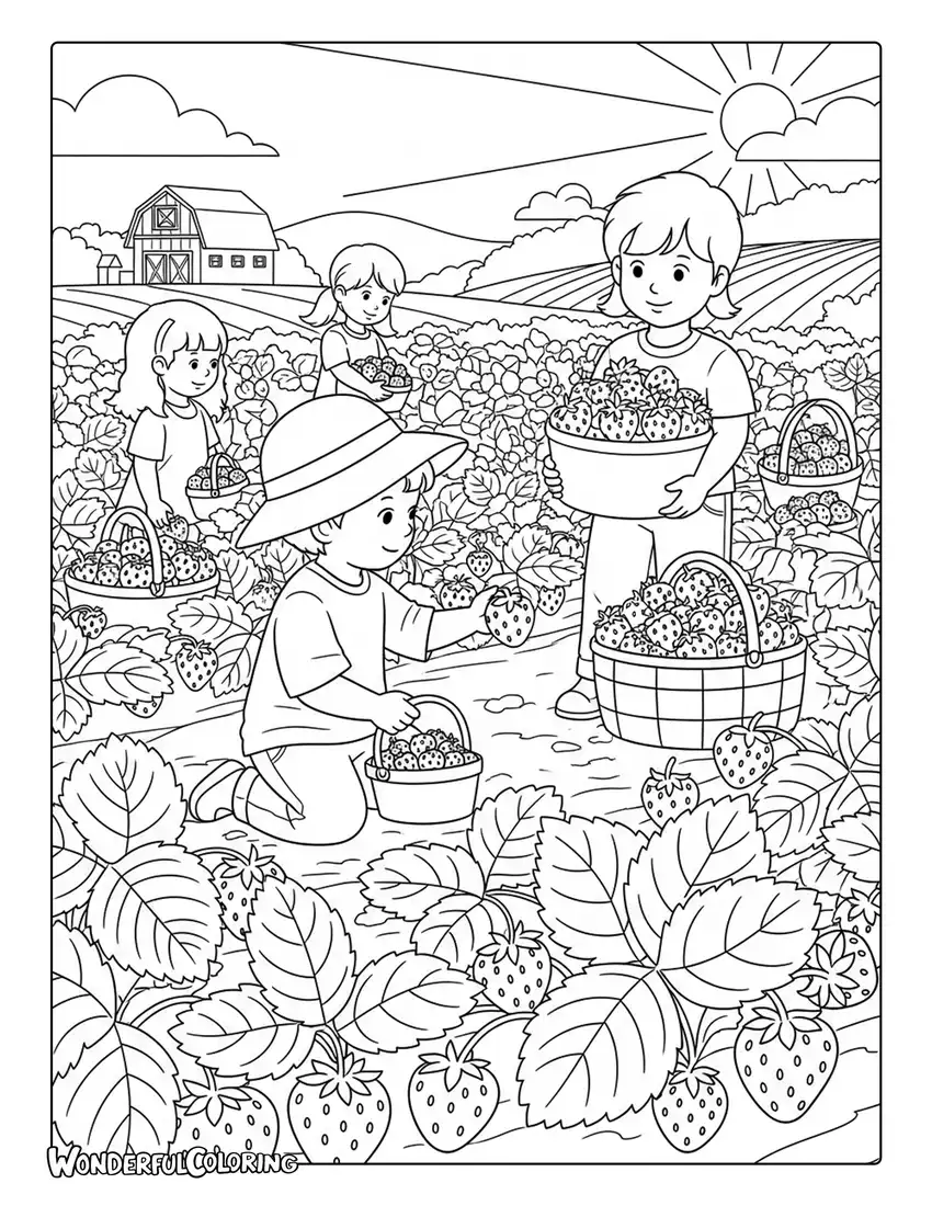June strawberry patch coloring page with overflowing berry baskets and children harvesting strawberries