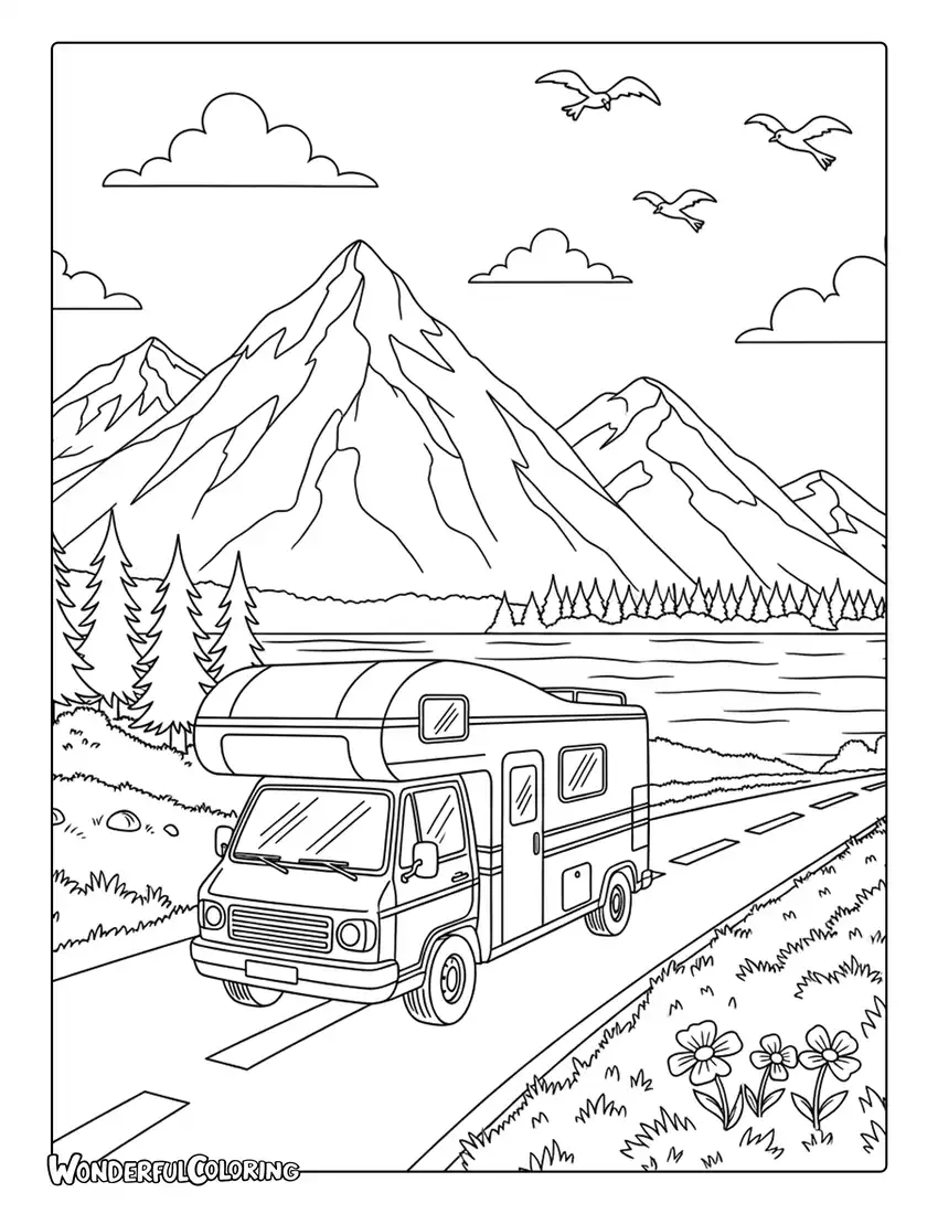 June summer road trip coloring page with camper van, mountains, and lakes