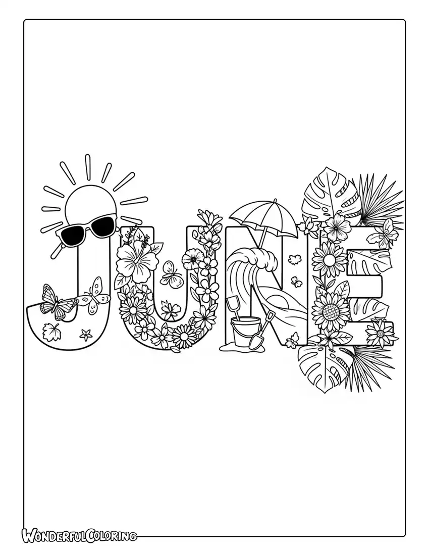 June summer typography coloring page with tropical leaves, sunshine, butterflies, and beach decorations