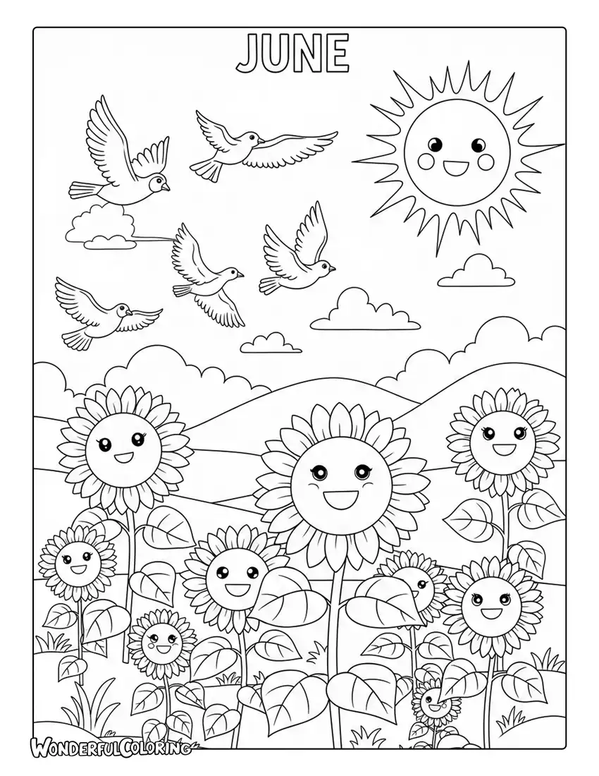June sunflower field coloring page with birds, smiling sun, and blooming sunflowers
