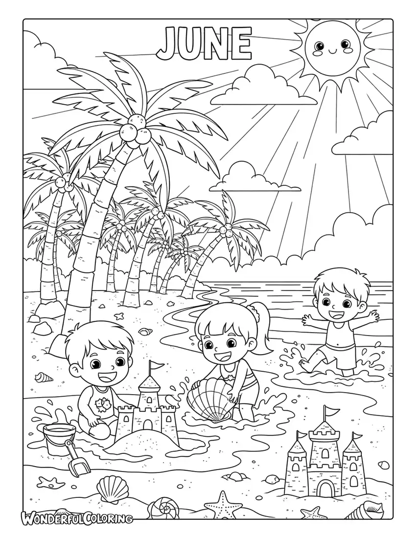 June tropical beach coloring page with palm trees, sandcastles, seashells, and children playing in the ocean