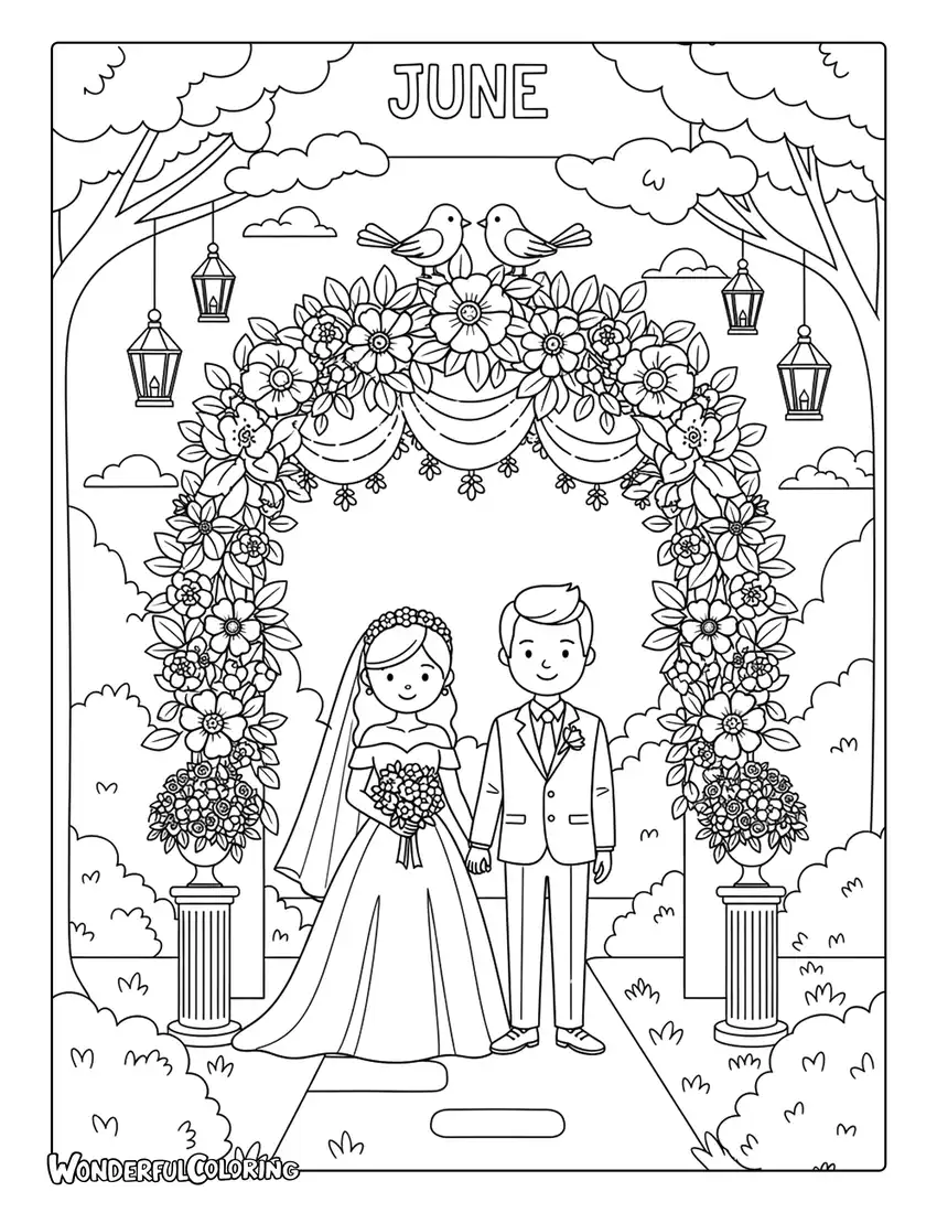 June wedding garden coloring page with flower arches, birds, and elegant decorations