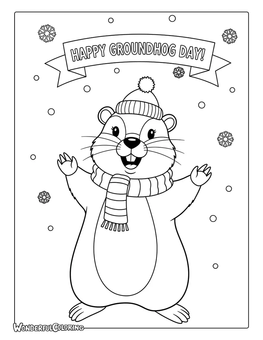 Groundhog wearing scarf and hat coloring page