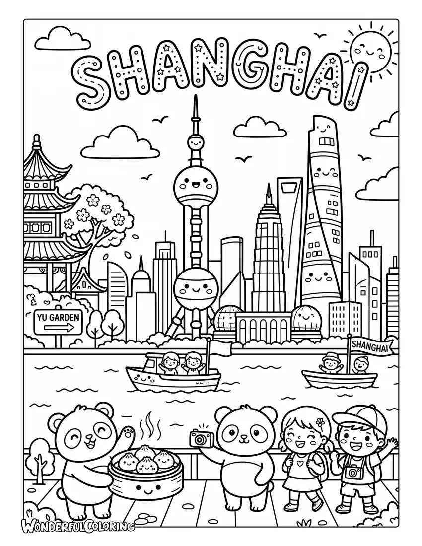 Kawaii Shanghai landmarks with Oriental Pearl Tower, pandas, dumplings, and tourists coloring page