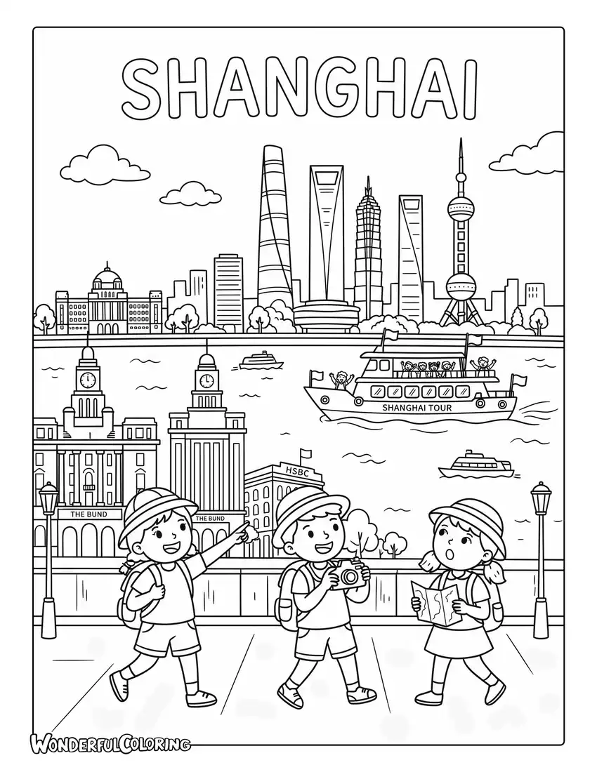 Children exploring Shanghai with the Bund, sightseeing boat, and skyscrapers coloring page