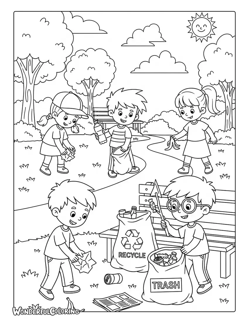 kids picking up trash recycling park earth day coloring page