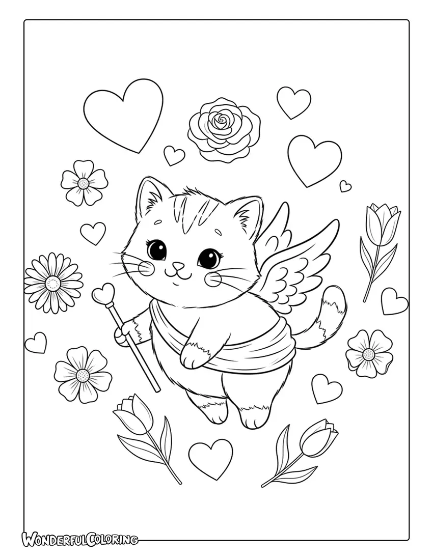 Kitten Cupid with wings coloring page