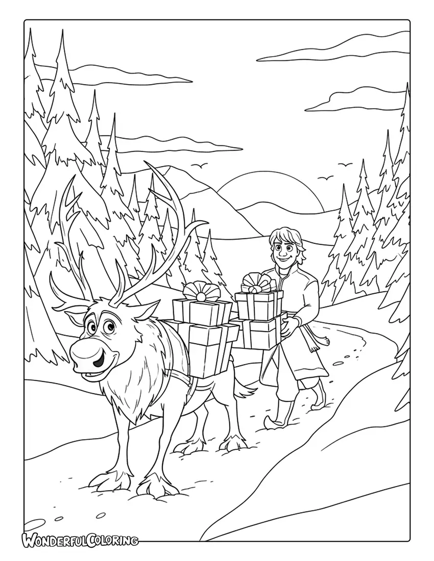 Kristoff Sven Delivering Gifts Coloring Sheet