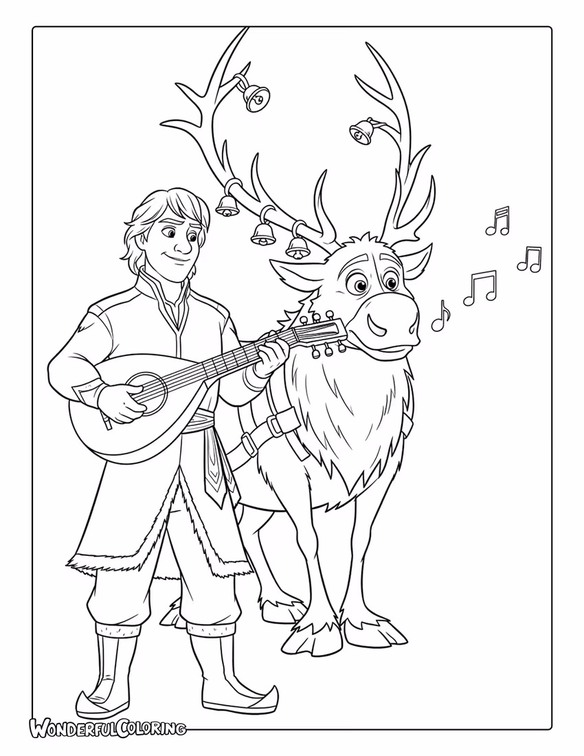 Kristoff and Sven Playing Music Coloring Page