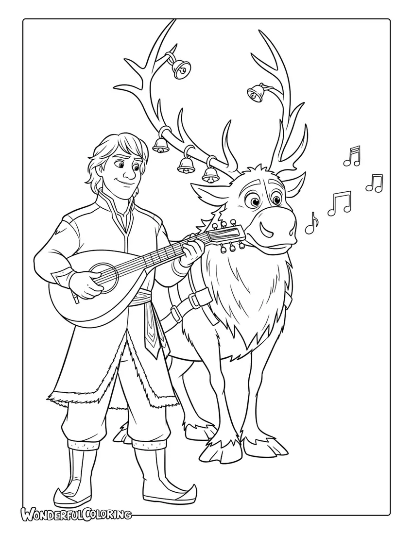 Kristoff and Sven Playing Music Coloring Page