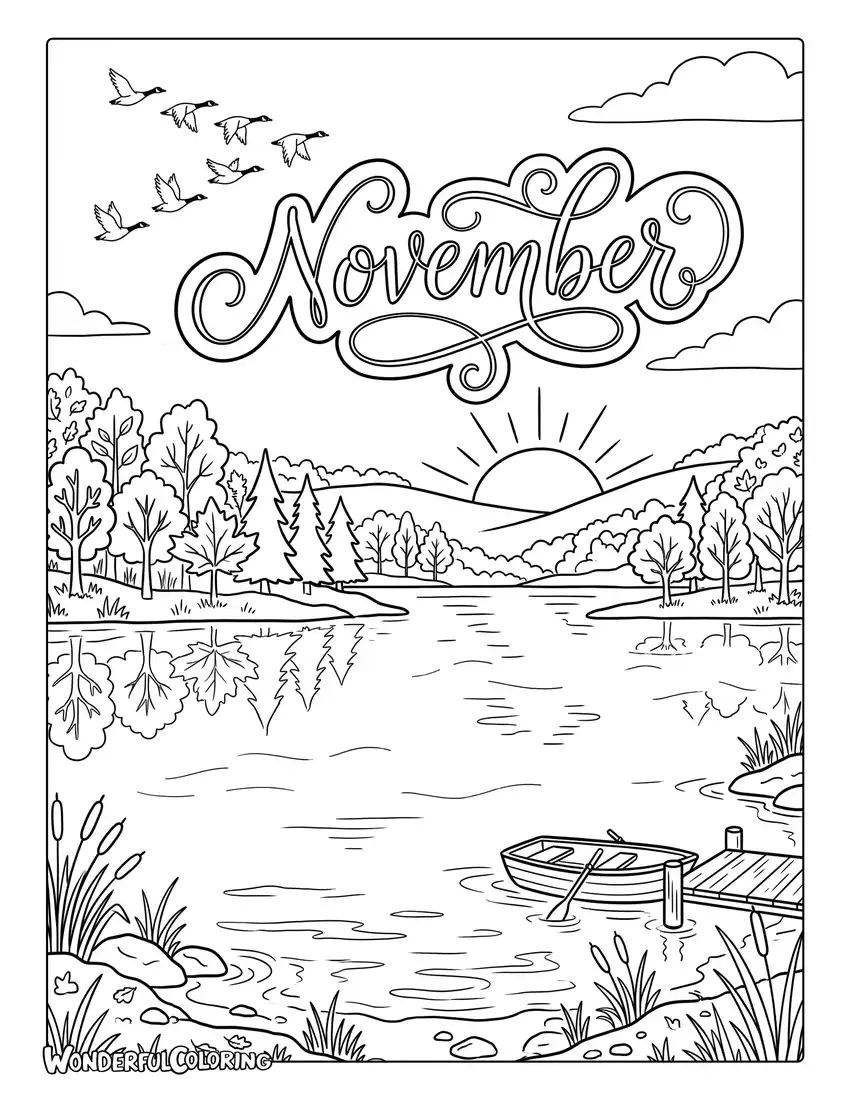 November lakeside sunrise coloring page with colorful autumn reflections, misty water, and migrating geese