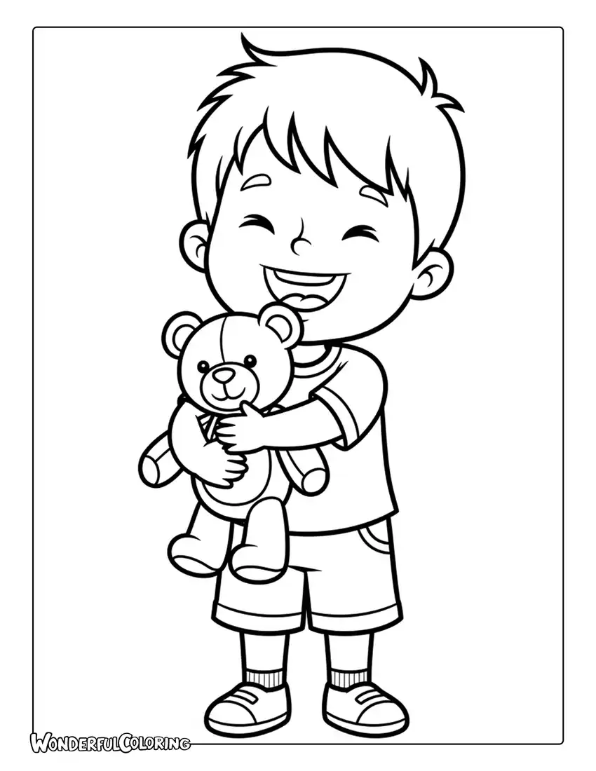 Little boy hugging teddy bear happy coloring page
