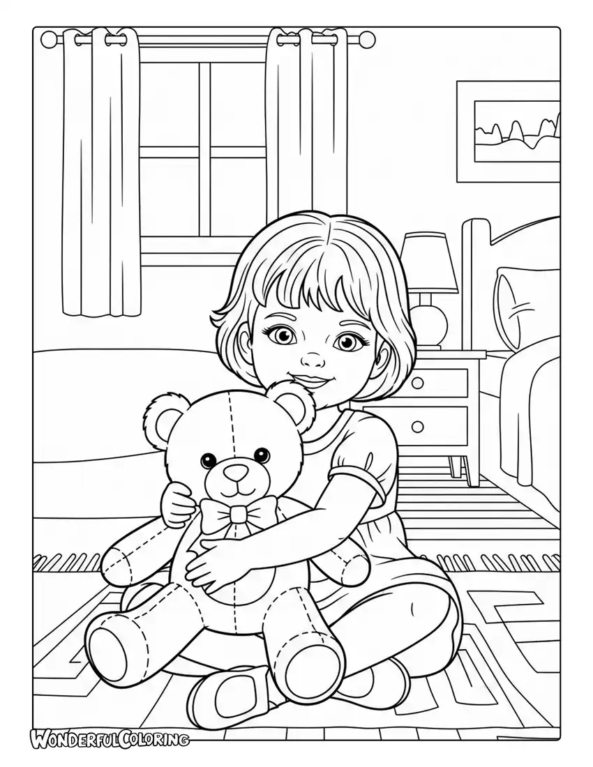 Little girl hugging teddy bear cozy bedroom coloring page