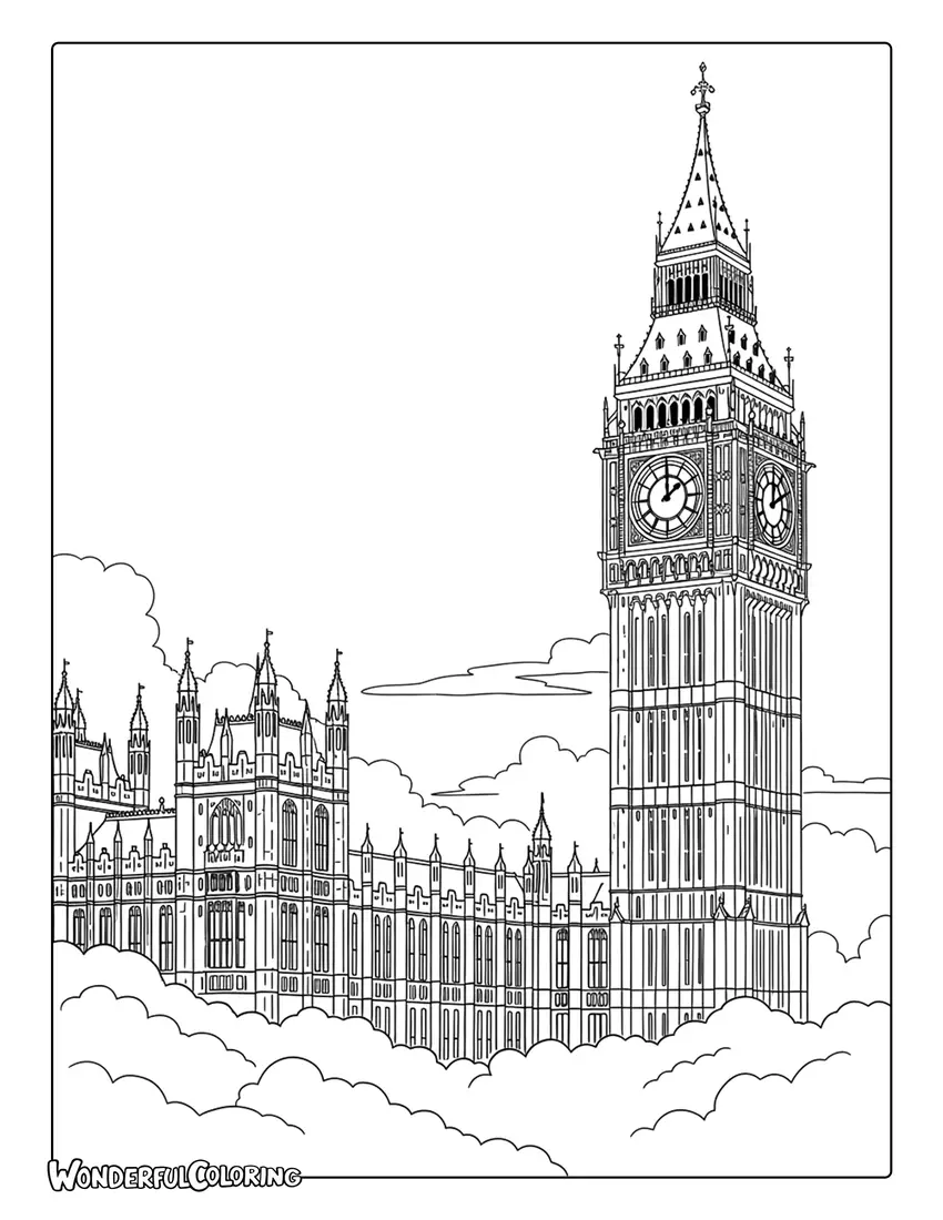 Big Ben and Palace of Westminster in morning fog London coloring page